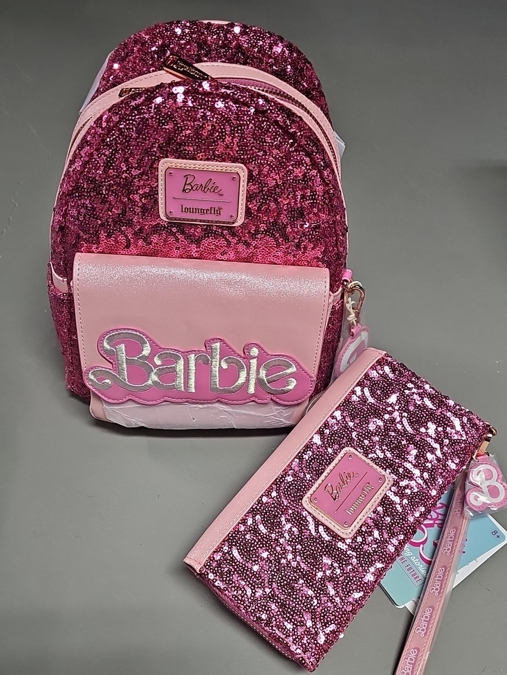 Loungefly Barbie 65th Anniversary Exclusive Sequin Logo Mini Backpack Set NWT